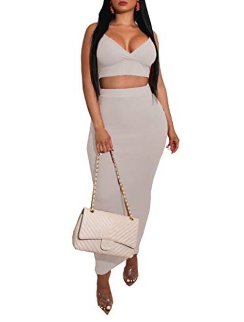 Ophestin Women Sexy Bodycon 2 Piece Outfits Pencil Midi Dress Strap V Neck Ribbed Crop Top Long Skirt Set