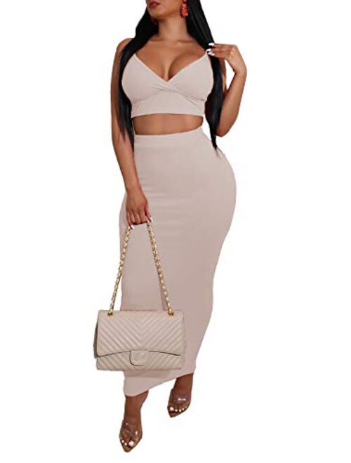 Ophestin Women Sexy Bodycon 2 Piece Outfits Pencil Midi Dress Strap V Neck Ribbed Crop Top Long Skirt Set