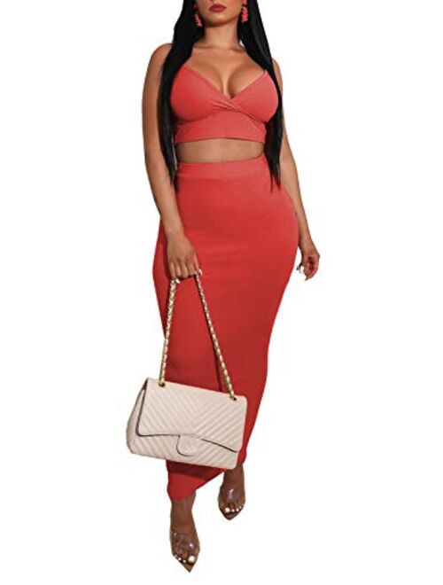 Ophestin Women Sexy Bodycon 2 Piece Outfits Pencil Midi Dress Strap V Neck Ribbed Crop Top Long Skirt Set