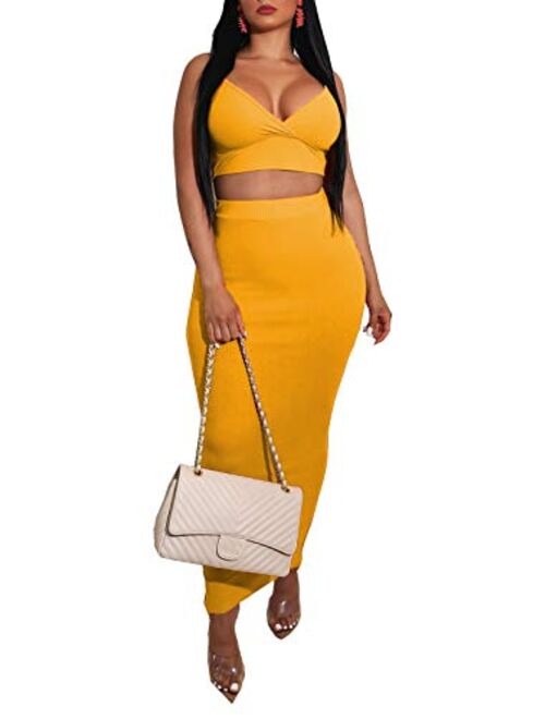 Ophestin Women Sexy Bodycon 2 Piece Outfits Pencil Midi Dress Strap V Neck Ribbed Crop Top Long Skirt Set