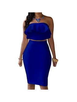 Eiffel Store Eiffel Women's Off Shoulder Ruffle Crop Top Pencil Skirt Dress Two-Piece Set