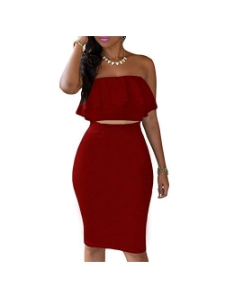 Eiffel Store Eiffel Women's Off Shoulder Ruffle Crop Top Pencil Skirt Dress Two-Piece Set