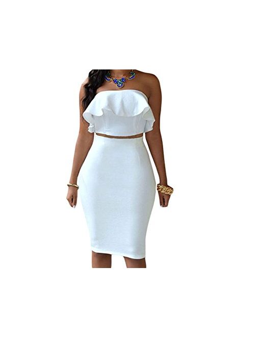 Eiffel Store Eiffel Women's Off Shoulder Ruffle Crop Top Pencil Skirt Dress Two-Piece Set