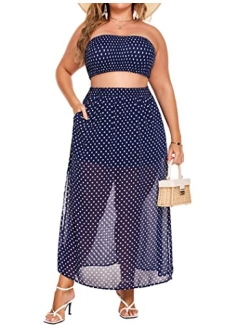 IN'VOLAND Women's 2 Pieces Outfits Dress Plus Size Polka Dots Tube top and Slit Long Skirt Set with Pockets