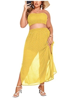 IN'VOLAND Women's 2 Pieces Outfits Dress Plus Size Polka Dots Tube top and Slit Long Skirt Set with Pockets