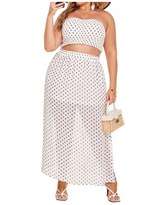 IN'VOLAND Women's 2 Pieces Outfits Dress Plus Size Polka Dots Tube top and Slit Long Skirt Set with Pockets