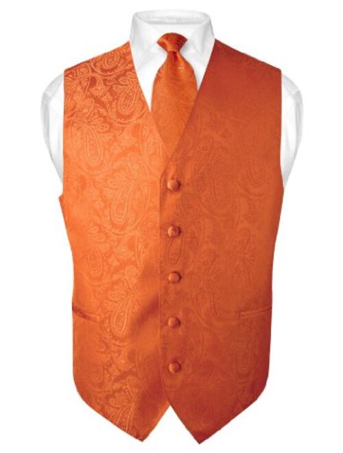 Vesuvio Napoli Men's Paisley Design Dress Vest & Necktie Burnt Orange Color Neck Tie Set