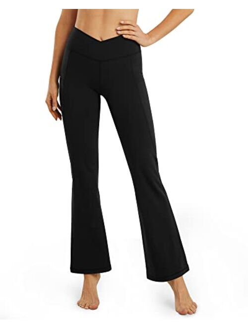 G4Free Crossover High Waisted Bootcut Capris for Women Flare Yoga Pants with Pockets