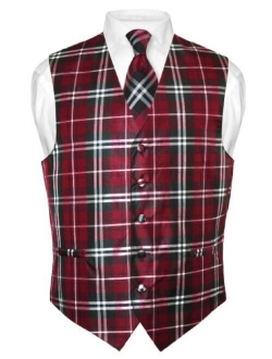 Men's Plaid Design Dress Vest & NeckTie Black Burgundy White Neck Tie Set