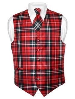 Men's Plaid Design Dress Vest & NeckTie Black Burgundy White Neck Tie Set