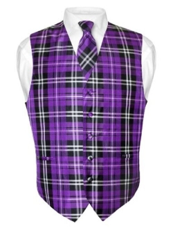 Men's Plaid Design Dress Vest & NeckTie Black Burgundy White Neck Tie Set