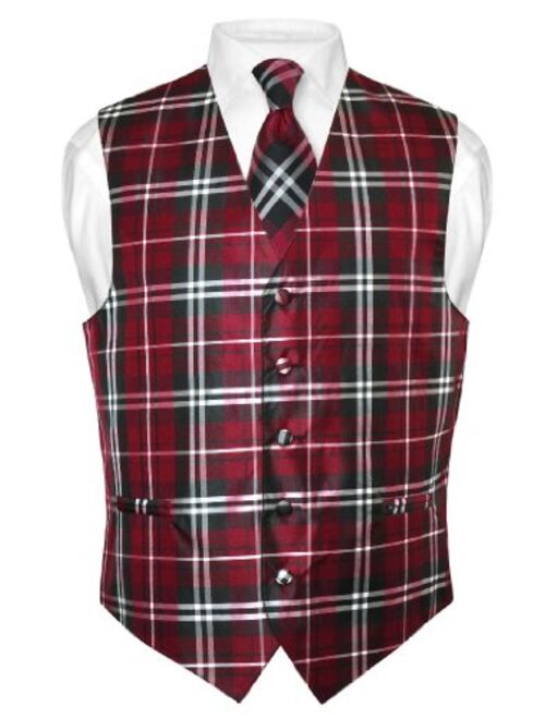 Vesuvio Napoli Men's Plaid Design Dress Vest & NeckTie Black Burgundy White Neck Tie Set