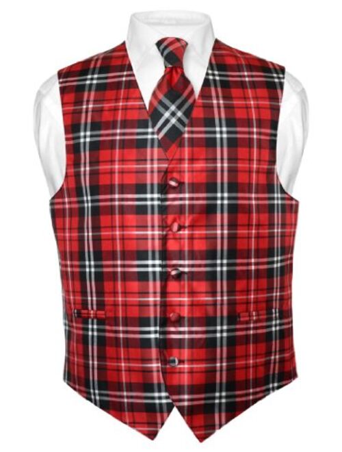 Vesuvio Napoli Men's Plaid Design Dress Vest & NeckTie Black Burgundy White Neck Tie Set