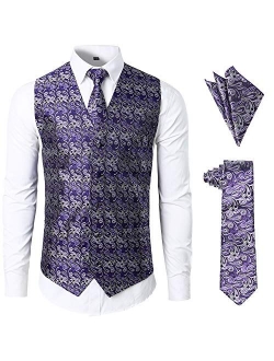 JOGAL Men's 3pc Paisley Vest Necktie Pocket Square Set for Suit or Tuxedo