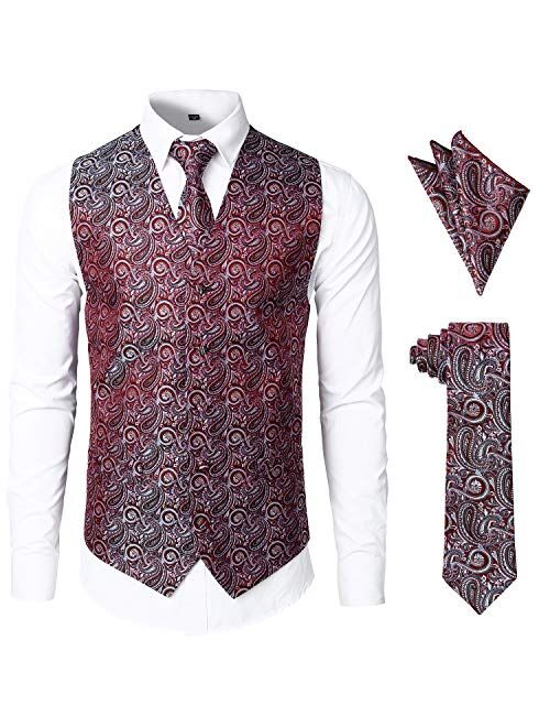 JOGAL Men's 3pc Paisley Vest Necktie Pocket Square Set for Suit or Tuxedo