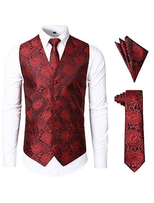 JOGAL Men's 3pc Paisley Vest Necktie Pocket Square Set for Suit or Tuxedo