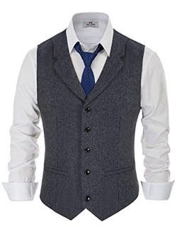 Mens Herringbone Tweed Dress Vest British Slim Fit Notch Lapel Waistcoat Vests