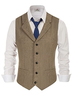 Mens Herringbone Tweed Dress Vest British Slim Fit Notch Lapel Waistcoat Vests