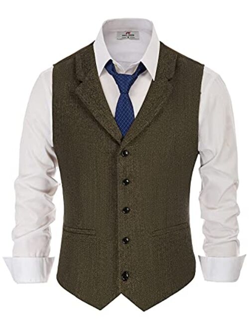 Pj Paul Jones Mens Herringbone Tweed Dress Vest British Slim Fit Notch Lapel Waistcoat Vests