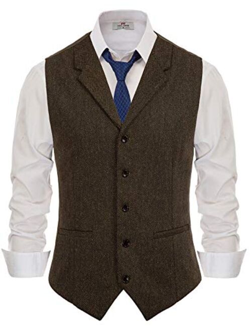 Pj Paul Jones Mens Herringbone Tweed Dress Vest British Slim Fit Notch Lapel Waistcoat Vests