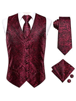 Hi-Tie Men's 4pc Waistcoat Vest Necktie Pocket Square Cufflinks Set For Suit or Tuxedo More Color for Choose