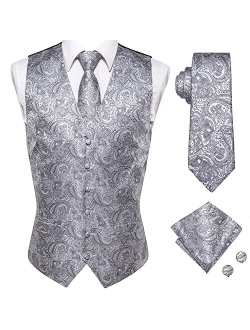 Hi-Tie Men's 4pc Waistcoat Vest Necktie Pocket Square Cufflinks Set For Suit or Tuxedo More Color for Choose