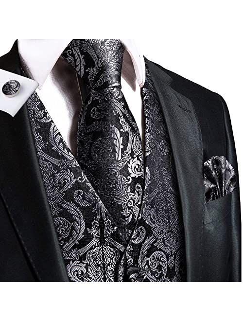 Hi-Tie Men's 4pc Waistcoat Vest Necktie Pocket Square Cufflinks Set For Suit or Tuxedo More Color for Choose