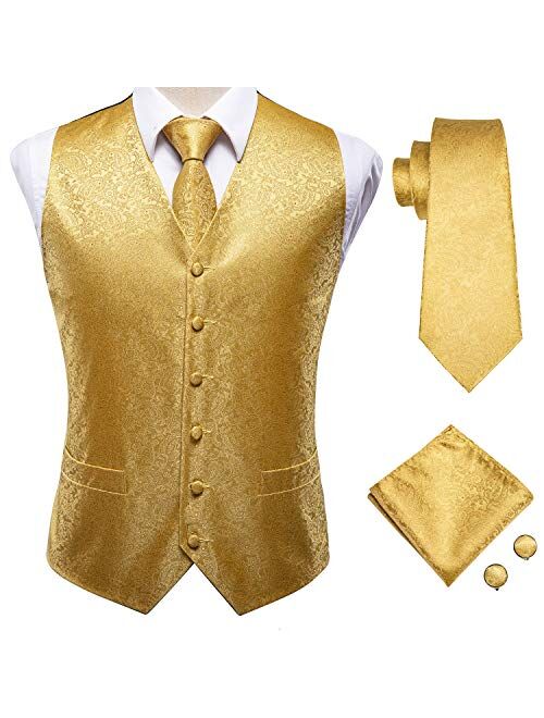 Hi-Tie Men's 4pc Waistcoat Vest Necktie Pocket Square Cufflinks Set For Suit or Tuxedo More Color for Choose