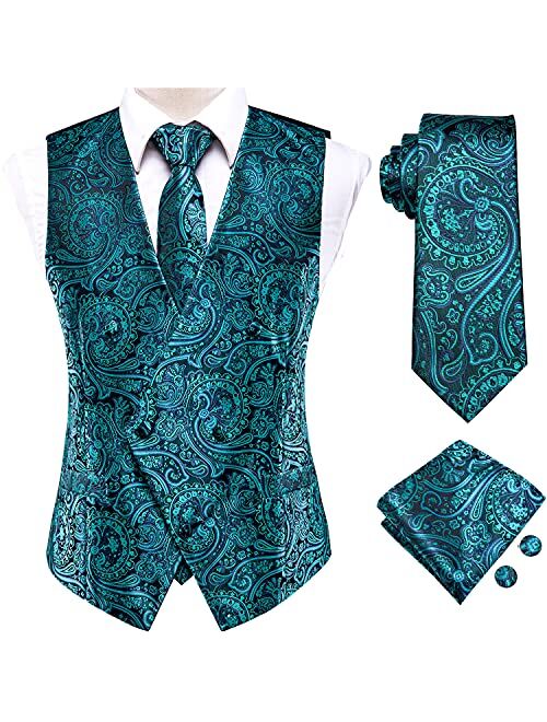 Hi-Tie Men's 4pc Waistcoat Vest Necktie Pocket Square Cufflinks Set For Suit or Tuxedo More Color for Choose