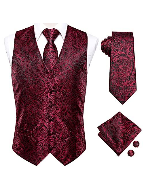 Hi-Tie Men's 4pc Waistcoat Vest Necktie Pocket Square Cufflinks Set For Suit or Tuxedo More Color for Choose