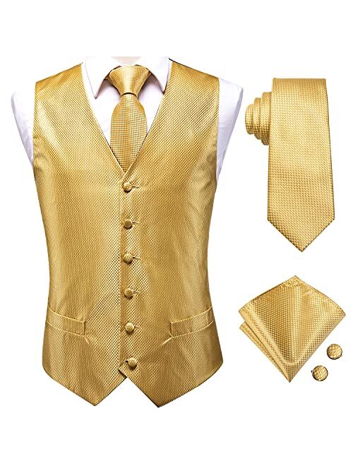 Hi-Tie Men's 4pc Waistcoat Vest Necktie Pocket Square Cufflinks Set For Suit or Tuxedo More Color for Choose