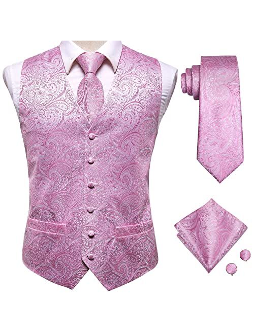 Hi-Tie Men's 4pc Waistcoat Vest Necktie Pocket Square Cufflinks Set For Suit or Tuxedo More Color for Choose