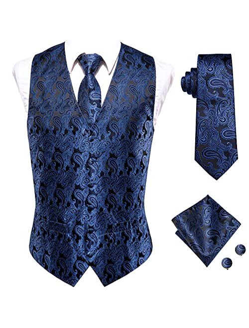 Hi-Tie Men's 4pc Waistcoat Vest Necktie Pocket Square Cufflinks Set For Suit or Tuxedo More Color for Choose