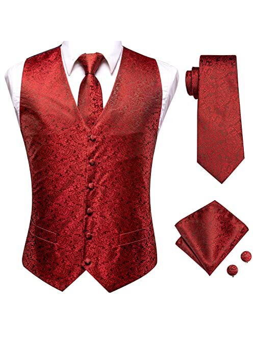 Hi-Tie Men's 4pc Waistcoat Vest Necktie Pocket Square Cufflinks Set For Suit or Tuxedo More Color for Choose