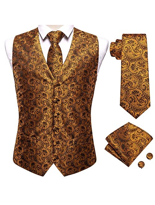 Hi-Tie Men's 4pc Waistcoat Vest Necktie Pocket Square Cufflinks Set For Suit or Tuxedo More Color for Choose