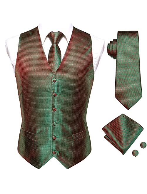 Hi-Tie Men's 4pc Waistcoat Vest Necktie Pocket Square Cufflinks Set For Suit or Tuxedo More Color for Choose