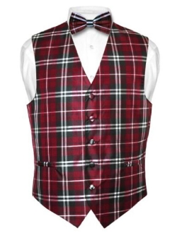 Men's Plaid Design Dress Vest & BOWTie Navy Brown White BOW Tie Set