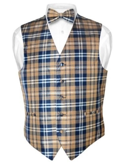 Men's Plaid Design Dress Vest & BOWTie Navy Brown White BOW Tie Set