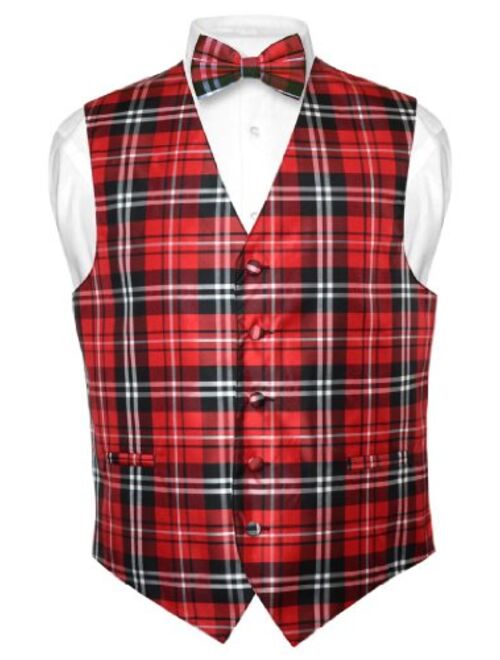 Vesuvio Napoli Men's Plaid Design Dress Vest & BOWTie Navy Brown White BOW Tie Set