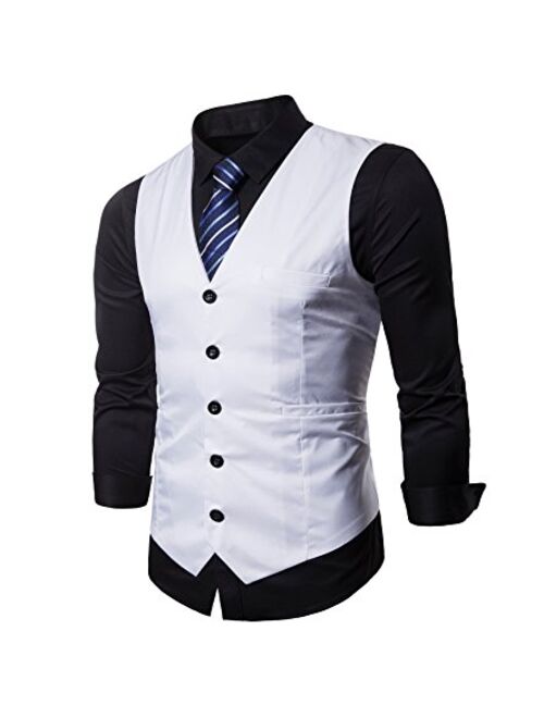 DONSON Mens Formal Business Suit Vest with Blue Striped Necktie