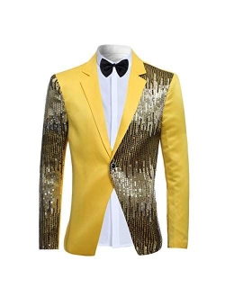 Mens Stylish Dinner Tux Dress Blazer Gold Sequin Slim Fit Suit Jacket Sport Coat