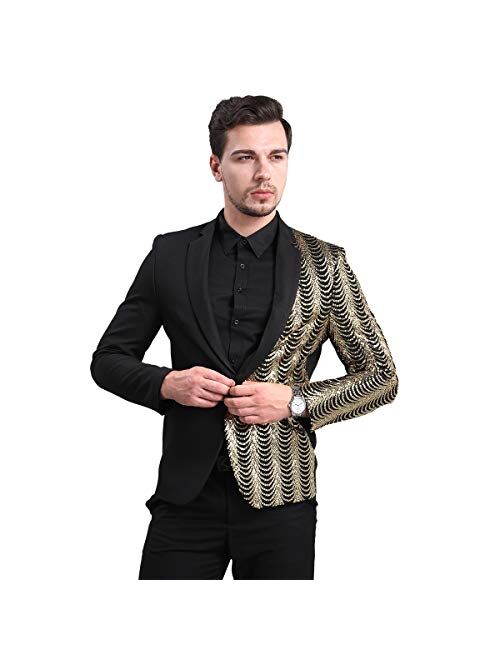 Cloudstyle Mens Stylish Dinner Tux Dress Blazer Gold Sequin Slim Fit Suit Jacket Sport Coat