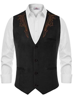 Men's Suede Leather Suit Vest Embroidery Casual Slim Fit Western Vest Waistcoat