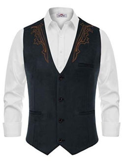 Men's Suede Leather Suit Vest Embroidery Casual Slim Fit Western Vest Waistcoat