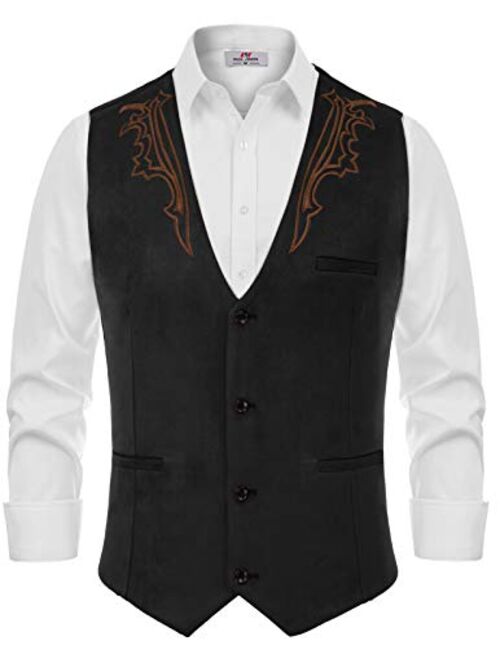 Pj Paul Jones Men's Suede Leather Suit Vest Embroidery Casual Slim Fit Western Vest Waistcoat