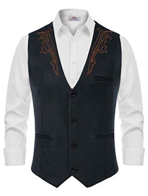 Pj Paul Jones Men's Suede Leather Suit Vest Embroidery Casual Slim Fit Western Vest Waistcoat