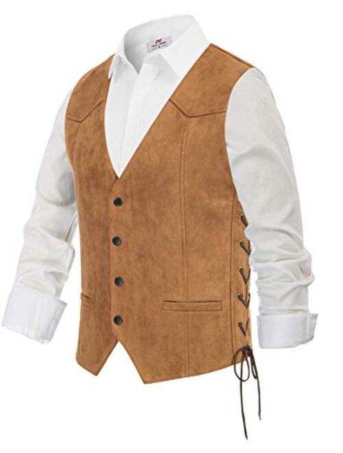 Pj Paul Jones Men's Suede Leather Suit Vest Embroidery Casual Slim Fit Western Vest Waistcoat