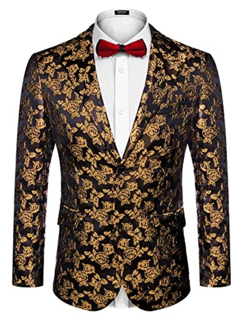 COOFANDY Men's Floral Tuxedo Jacket Rose Embroidered Suit Jacket Wedding Prom Dinner Party Blazer