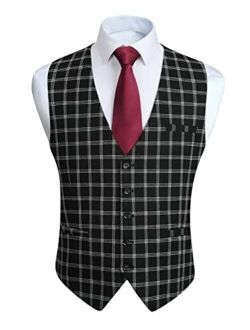 Men's Suit Vest Business Formal Plaid Dress Waistcoat Slim Fit Vests for Men with 3 Pocket for Suit or Tuxedo