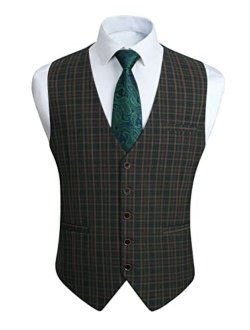 Men's Suit Vest Business Formal Plaid Dress Waistcoat Slim Fit Vests for Men with 3 Pocket for Suit or Tuxedo